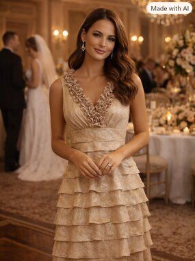 London Times Champagne Ruffled V-Neck Tiered Midi Dress- Size 12
